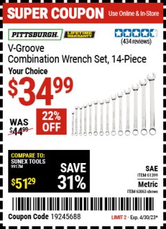 Harbor Freight Coupon PITTSBURGH V-GROOVE COMBINATION WRENCH SET, 14-PIECE Lot No. 61399/63063 Expired: 4/30/23 - $34.99