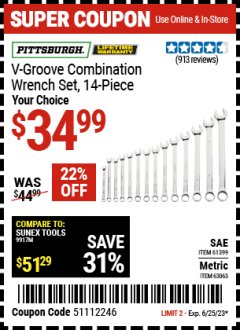Harbor Freight Coupon PITTSBURGH V-GROOVE COMBINATION WRENCH SET, 14-PIECE Lot No. 61399/63063 Expired: 6/25/23 - $34.99