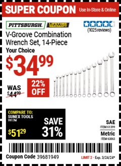 Harbor Freight Coupon PITTSBURGH V-GROOVE COMBINATION WRENCH SET, 14-PIECE Lot No. 61399/63063 Expired: 3/24/24 - $34.99