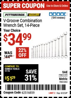 Harbor Freight Coupon PITTSBURGH V-GROOVE COMBINATION WRENCH SET, 14-PIECE Lot No. 61399/63063 Expired: 6/2/24 - $34.99