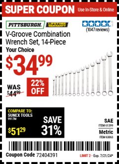 Harbor Freight Coupon PITTSBURGH V-GROOVE COMBINATION WRENCH SET, 14-PIECE Lot No. 61399/63063 Expired: 7/21/24 - $64.99
