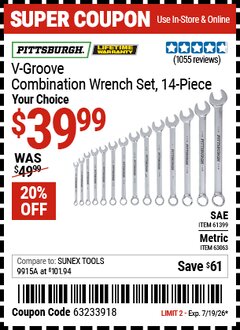 Harbor Freight Coupon PITTSBURGH V-GROOVE COMBINATION WRENCH SET, 14-PIECE Lot No. 61399/63063 Expired: 7/19/26 - $39.99