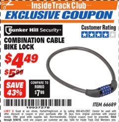 Harbor Freight ITC Coupon BUNKER HILL SECURITY COMBINATION CABLE BIKE LOCK Lot No. 66689 Expired: 9/30/18 - $4.49