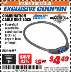 Harbor Freight ITC Coupon BUNKER HILL SECURITY COMBINATION CABLE BIKE LOCK Lot No. 66689 Expired: 2/29/20 - $4.49