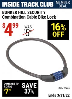 Harbor Freight ITC Coupon BUNKER HILL SECURITY COMBINATION CABLE BIKE LOCK Lot No. 66689 Expired: 3/31/22 - $4.99