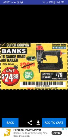 Harbor Freight Coupon BANKS 18 GAUGE BRAD AIR NAILER Lot No. 64140 Expired: 4/16/19 - $24.99