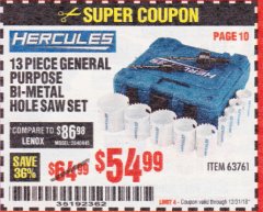 Harbor Freight Coupon HERCULES GENERAL-PURPOSE BI-METAL HOLE SAW SET, 13-PIECE Lot No. 63761 Expired: 12/31/18 - $54.99