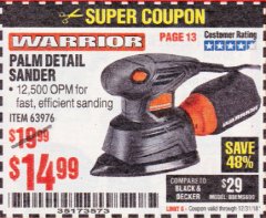 Harbor Freight Coupon WARRIOR 1.1 AMP CORNER/DETAIL SANDER Lot No. 63976 Expired: 12/31/18 - $14.99