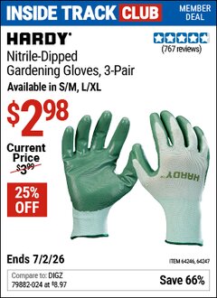 Harbor Freight ITC Coupon HARDY NITRILE-DIPPED GARDENING GLOVES, 3-PAIR Lot No. 64246/64247 Dates Valid: 12/31/69 - 7/2/26 - $2.98