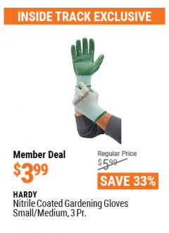 Harbor Freight ITC Coupon HARDY NITRILE-DIPPED GARDENING GLOVES, 3-PAIR Lot No. 64246/64247 Expired: 4/29/21 - $3.99