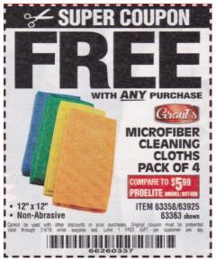 Harbor Freight FREE Coupon GRANT'S MICROFIBER CLEANING CLOTHS 12 IN. X 12 IN., 4-PACK Lot No. 63363/63358/63925 Expired: 7/4/18 - FWP