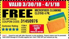 Harbor Freight FREE Coupon GRANT'S MICROFIBER CLEANING CLOTHS 12 IN. X 12 IN., 4-PACK Lot No. 63363/63358/63925 Expired: 4/1/18 - FWP