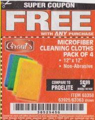Harbor Freight FREE Coupon GRANT'S MICROFIBER CLEANING CLOTHS 12 IN. X 12 IN., 4-PACK Lot No. 63363/63358/63925 Expired: 4/30/18 - FWP