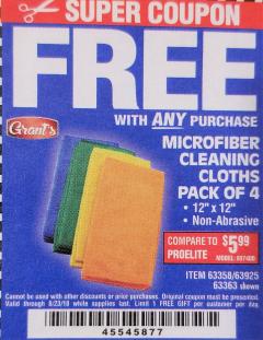Harbor Freight FREE Coupon GRANT'S MICROFIBER CLEANING CLOTHS 12 IN. X 12 IN., 4-PACK Lot No. 63363/63358/63925 Expired: 8/23/18 - FWP