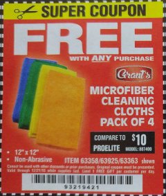Harbor Freight FREE Coupon GRANT'S MICROFIBER CLEANING CLOTHS 12 IN. X 12 IN., 4-PACK Lot No. 63363/63358/63925 Expired: 12/21/18 - FWP