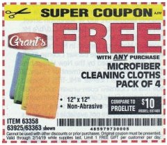 Harbor Freight FREE Coupon GRANT'S MICROFIBER CLEANING CLOTHS 12 IN. X 12 IN., 4-PACK Lot No. 63363/63358/63925 Expired: 2/14/19 - FWP
