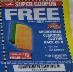 Harbor Freight FREE Coupon GRANT'S MICROFIBER CLEANING CLOTHS 12 IN. X 12 IN., 4-PACK Lot No. 63363/63358/63925 Expired: 5/28/19 - FWP