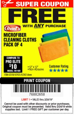 Harbor Freight FREE Coupon GRANT'S MICROFIBER CLEANING CLOTHS 12 IN. X 12 IN., 4-PACK Lot No. 63363/63358/63925 Expired: 2/24/19 - FWP