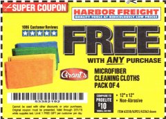 Harbor Freight FREE Coupon GRANT'S MICROFIBER CLEANING CLOTHS 12 IN. X 12 IN., 4-PACK Lot No. 63363/63358/63925 Expired: 3/31/19 - FWP