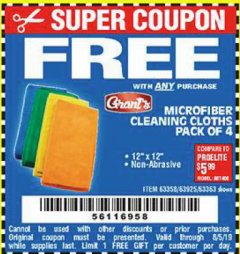 Harbor Freight FREE Coupon GRANT'S MICROFIBER CLEANING CLOTHS 12 IN. X 12 IN., 4-PACK Lot No. 63363/63358/63925 Expired: 8/5/19 - FWP
