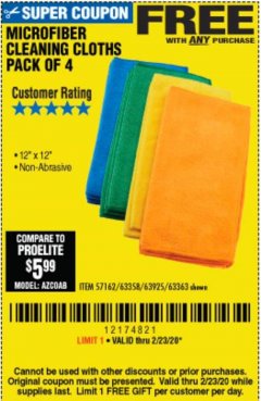 Harbor Freight FREE Coupon GRANT'S MICROFIBER CLEANING CLOTHS 12 IN. X 12 IN., 4-PACK Lot No. 63363/63358/63925 Expired: 2/23/20 - FWP