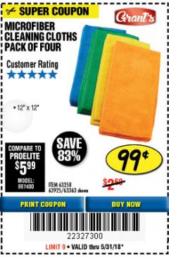 Harbor Freight Coupon GRANT'S MICROFIBER CLEANING CLOTHS 12 IN. X 12 IN., 4-PACK Lot No. 63363/63358/63925 Expired: 5/31/18 - $0.99