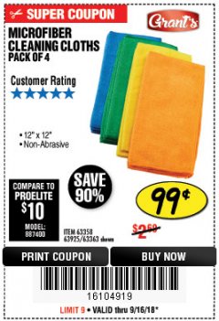 Harbor Freight Coupon GRANT'S MICROFIBER CLEANING CLOTHS 12 IN. X 12 IN., 4-PACK Lot No. 63363/63358/63925 Expired: 9/16/18 - $0.99