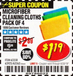 Harbor Freight Coupon GRANT'S MICROFIBER CLEANING CLOTHS 12 IN. X 12 IN., 4-PACK Lot No. 63363/63358/63925 Expired: 6/30/19 - $1.19