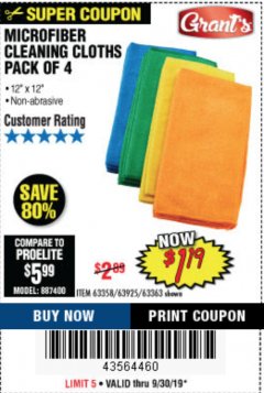 Harbor Freight Coupon GRANT'S MICROFIBER CLEANING CLOTHS 12 IN. X 12 IN., 4-PACK Lot No. 63363/63358/63925 Expired: 9/30/19 - $1.19