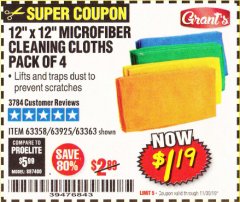 Harbor Freight Coupon GRANT'S MICROFIBER CLEANING CLOTHS 12 IN. X 12 IN., 4-PACK Lot No. 63363/63358/63925 Expired: 11/30/19 - $1.19