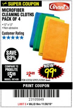Harbor Freight Coupon GRANT'S MICROFIBER CLEANING CLOTHS 12 IN. X 12 IN., 4-PACK Lot No. 63363/63358/63925 Expired: 11/30/19 - $0.99
