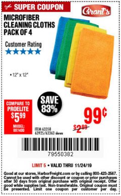 Harbor Freight Coupon GRANT'S MICROFIBER CLEANING CLOTHS 12 IN. X 12 IN., 4-PACK Lot No. 63363/63358/63925 Expired: 11/24/19 - $0.99