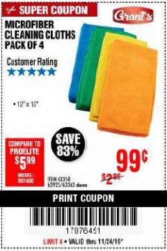 Harbor Freight Coupon GRANT'S MICROFIBER CLEANING CLOTHS 12 IN. X 12 IN., 4-PACK Lot No. 63363/63358/63925 Expired: 11/24/19 - $0.99