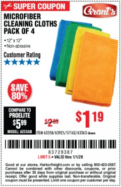 Harbor Freight Coupon GRANT'S MICROFIBER CLEANING CLOTHS 12 IN. X 12 IN., 4-PACK Lot No. 63363/63358/63925 Expired: 1/1/20 - $1.19