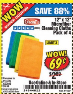 Harbor Freight Coupon GRANT'S MICROFIBER CLEANING CLOTHS 12 IN. X 12 IN., 4-PACK Lot No. 63363/63358/63925 Expired: 9/14/20 - $0.69