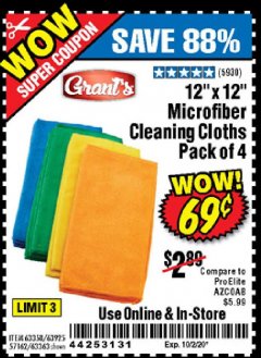 Harbor Freight Coupon GRANT'S MICROFIBER CLEANING CLOTHS 12 IN. X 12 IN., 4-PACK Lot No. 63363/63358/63925 Expired: 10/2/20 - $0.69
