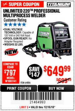 Harbor Freight Coupon TITANIUM UNLIMITED 200 PROFESSIONAL MULTIPROCESS WELDER WITH 120/240V INPUT Lot No. 57862/64806 Expired: 12/16/18 - $649.99
