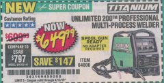 Harbor Freight Coupon TITANIUM UNLIMITED 200 PROFESSIONAL MULTIPROCESS WELDER WITH 120/240V INPUT Lot No. 57862/64806 Expired: 4/13/19 - $649.99