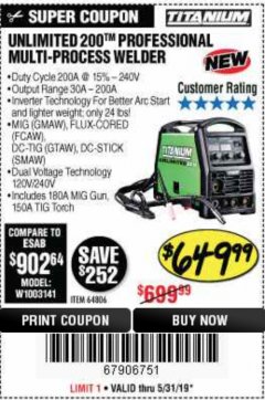 Harbor Freight Coupon TITANIUM UNLIMITED 200 PROFESSIONAL MULTIPROCESS WELDER WITH 120/240V INPUT Lot No. 57862/64806 Expired: 5/31/19 - $649.99