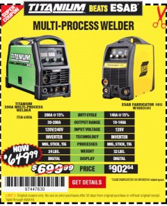 Harbor Freight Coupon TITANIUM UNLIMITED 200 PROFESSIONAL MULTIPROCESS WELDER WITH 120/240V INPUT Lot No. 57862/64806 Expired: 5/31/19 - $649.99