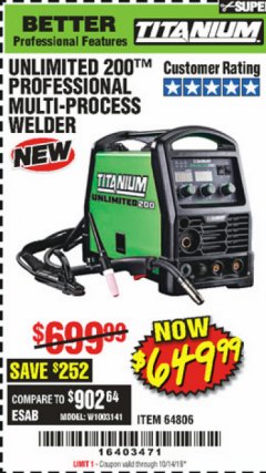 Harbor Freight Coupon TITANIUM UNLIMITED 200 PROFESSIONAL MULTIPROCESS WELDER WITH 120/240V INPUT Lot No. 57862/64806 Expired: 10/14/19 - $649.99