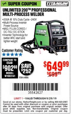 Harbor Freight Coupon TITANIUM UNLIMITED 200 PROFESSIONAL MULTIPROCESS WELDER WITH 120/240V INPUT Lot No. 57862/64806 Expired: 9/29/19 - $649.99