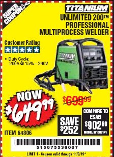 Harbor Freight Coupon TITANIUM UNLIMITED 200 PROFESSIONAL MULTIPROCESS WELDER WITH 120/240V INPUT Lot No. 57862/64806 Expired: 11/9/19 - $649.99