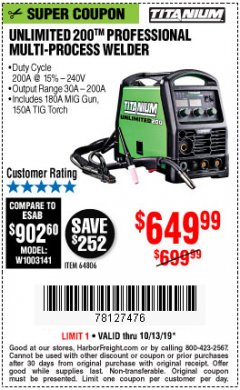 Harbor Freight Coupon TITANIUM UNLIMITED 200 PROFESSIONAL MULTIPROCESS WELDER WITH 120/240V INPUT Lot No. 57862/64806 Expired: 10/31/19 - $649.99