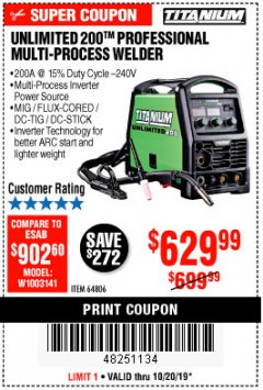 Harbor Freight Coupon TITANIUM UNLIMITED 200 PROFESSIONAL MULTIPROCESS WELDER WITH 120/240V INPUT Lot No. 57862/64806 Expired: 10/20/19 - $629.99