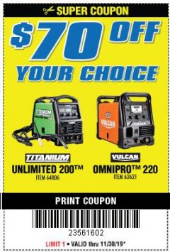 Harbor Freight Coupon TITANIUM UNLIMITED 200 PROFESSIONAL MULTIPROCESS WELDER WITH 120/240V INPUT Lot No. 57862/64806 Expired: 11/30/19 - $70