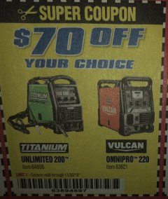 Harbor Freight Coupon TITANIUM UNLIMITED 200 PROFESSIONAL MULTIPROCESS WELDER WITH 120/240V INPUT Lot No. 57862/64806 Expired: 11/30/19 - $0