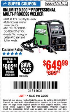 Harbor Freight Coupon TITANIUM UNLIMITED 200 PROFESSIONAL MULTIPROCESS WELDER WITH 120/240V INPUT Lot No. 57862/64806 Expired: 2/2/20 - $649.99