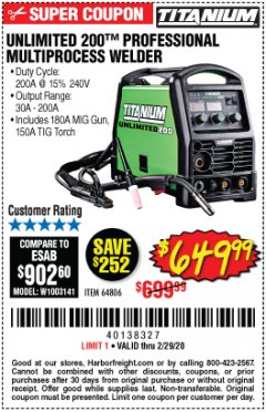 Harbor Freight Coupon TITANIUM UNLIMITED 200 PROFESSIONAL MULTIPROCESS WELDER WITH 120/240V INPUT Lot No. 57862/64806 Expired: 2/29/20 - $649.99
