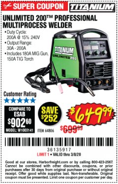Harbor Freight Coupon TITANIUM UNLIMITED 200 PROFESSIONAL MULTIPROCESS WELDER WITH 120/240V INPUT Lot No. 57862/64806 Expired: 2/8/20 - $649.99